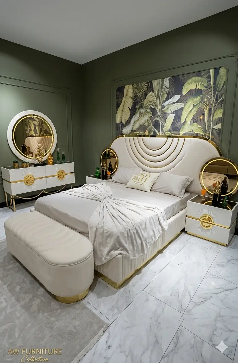 Ensemble de Chambre à Coucher Complète de Luxe Art Déco "Palais Doré" - Or Poli et Blanc Brillant – Image 3