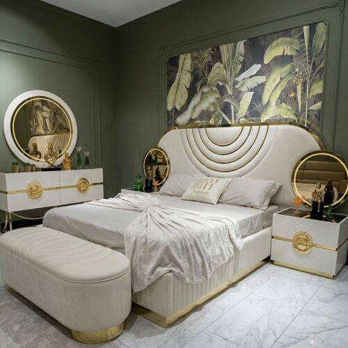 Ensemble de Chambre à Coucher Complète de Luxe Art Déco "Palais Doré" - Or Poli et Blanc Brillant