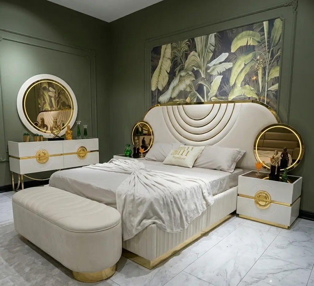 Ensemble de Chambre à Coucher Complète de Luxe Art Déco "Palais Doré" - Or Poli et Blanc Brillant